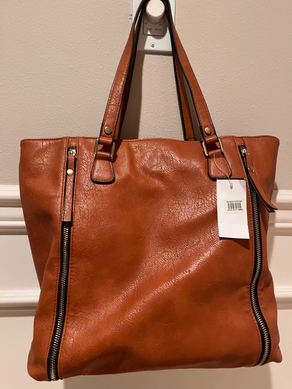 Nordstrom Cognac Leather Shoulder Tote with Front Strap Detail